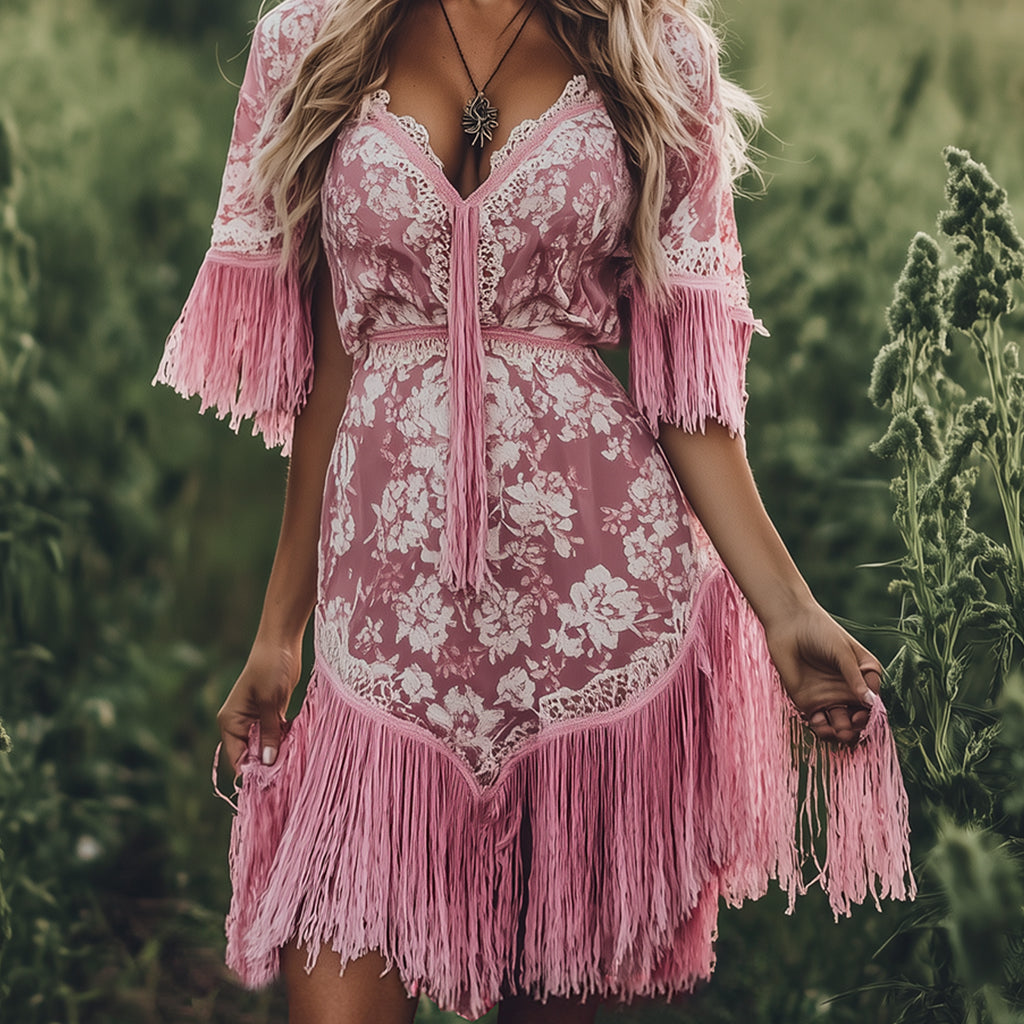 Ursime Floral Pattern V Neck Lace Trim Fringe Mini Dress