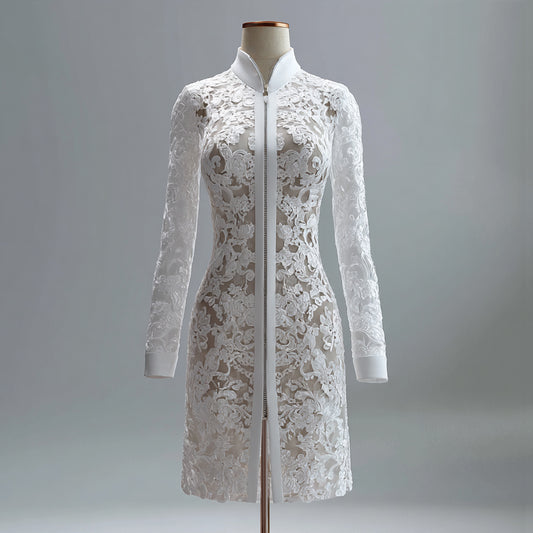 Ursime Lace Mandarin Collar Zipper Long Sleeve Sheath Midi Dress