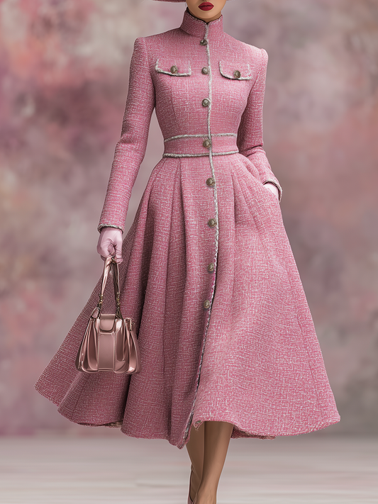 Stylish Stand-up Collar A-line Tweed Maxi Dress