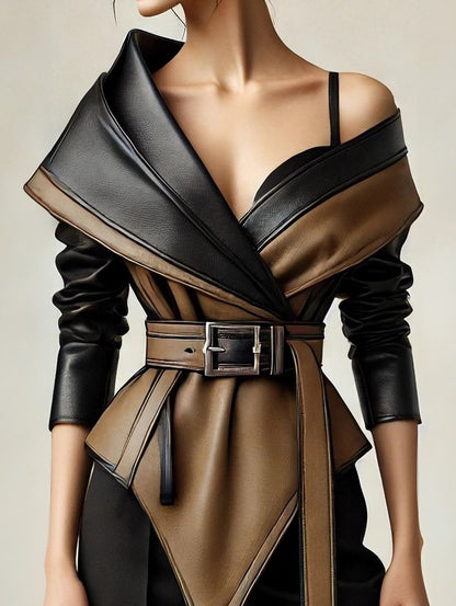 Ursime PU Leather Two Tone Irregular Hem Belt Jacket