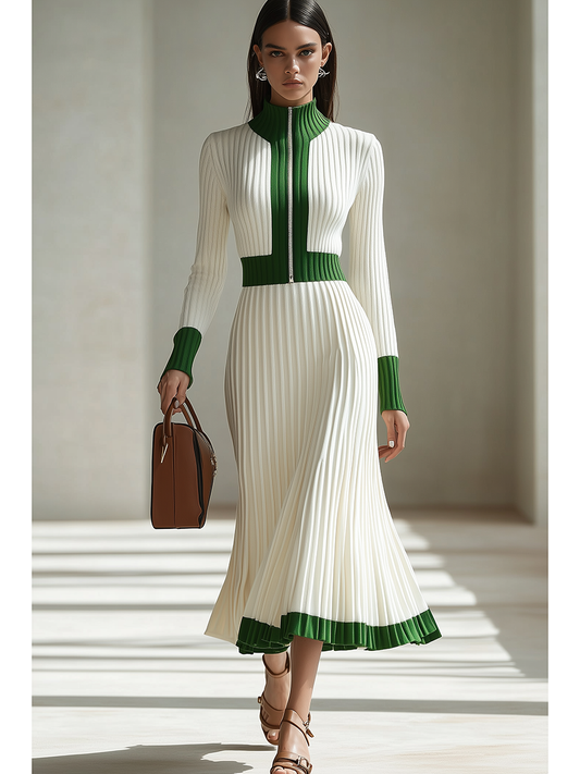 Retro Zipper Stand Collar Stitching Contrast Color Knitted Maxi Dress