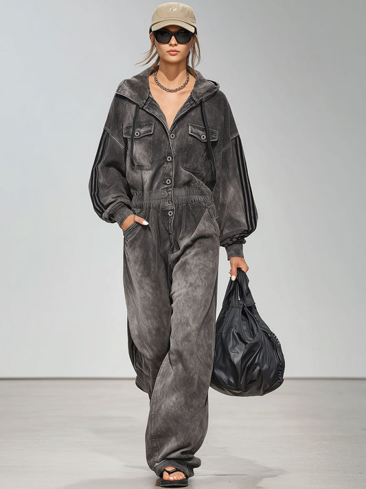 Vintage Distressed Grey Denim Striped Sports Long-Sleeved Hooded Jumpsuit