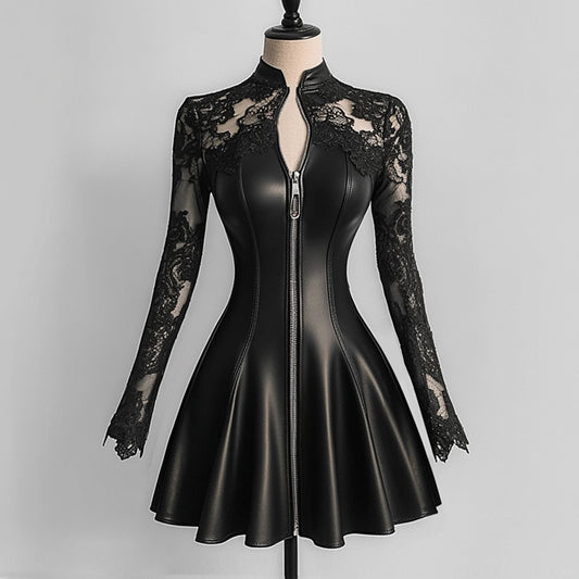 Ursime PU Leather Lace Long Sleeve Zipper Mini Dress