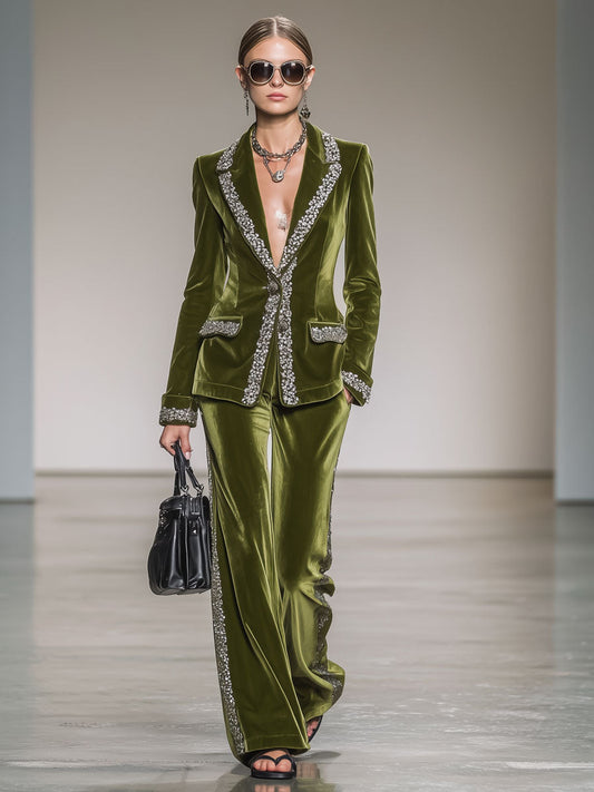 Vintage Silver-Trimmed Moss Green Velvet Suit Jacket And Trousers Set
