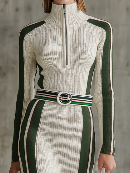 White And Green Contrast Zipper Tassel Maxi Dress
