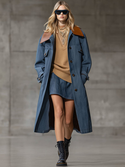 Casual Retro Blue Blend Brown Faux Leather Stitching Mid-Length Trench Coat