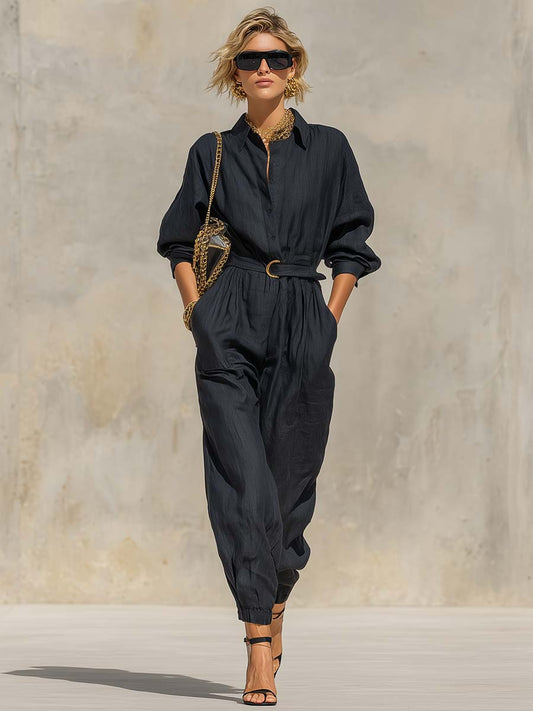 Casual Loose Western Front Button Long Sleeve Black Cotton And Linen Jumpsuit