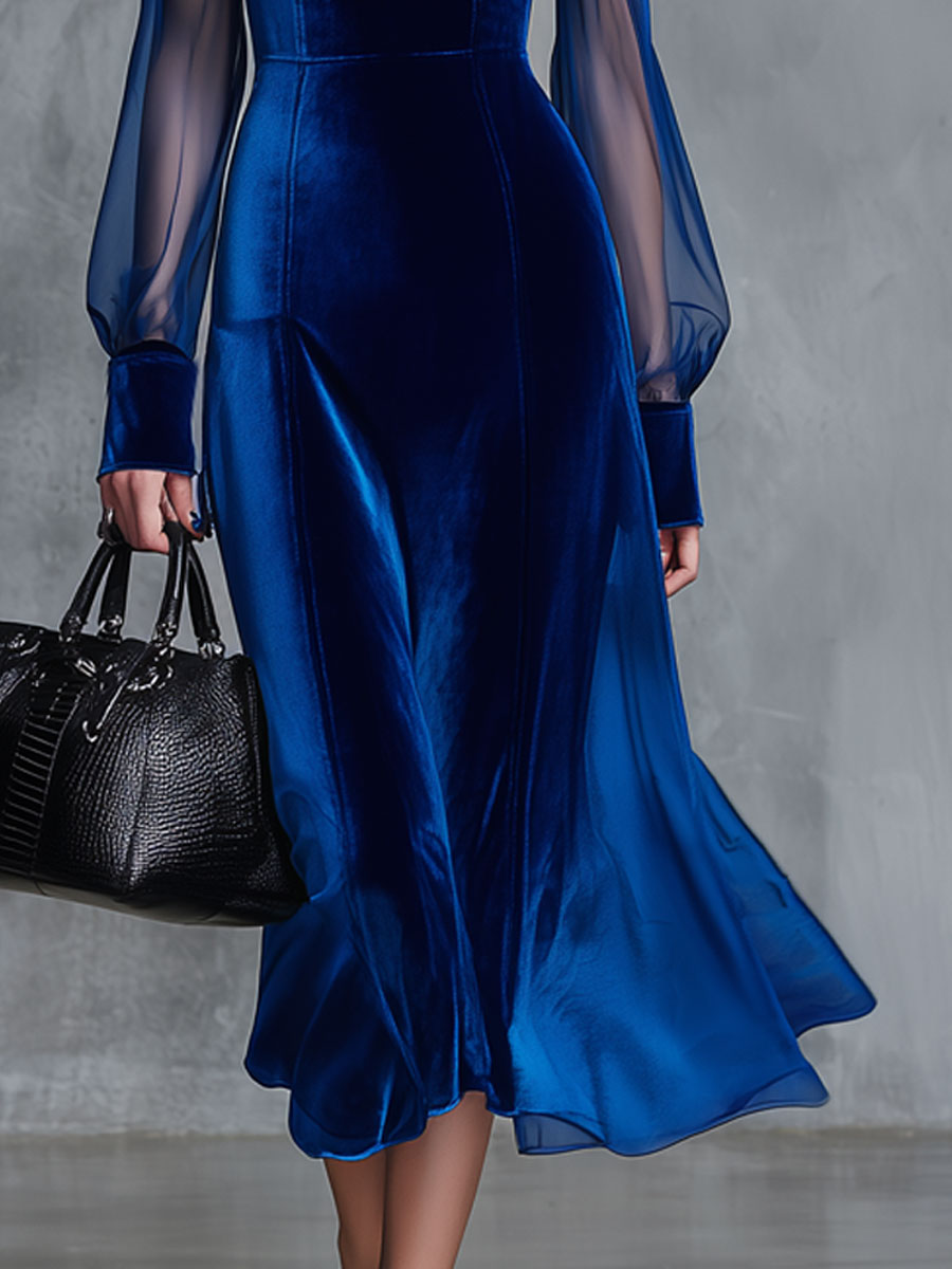 Fashion Retro Party Royal Blue Velvet Mesh Long Sleeve Midi Dress