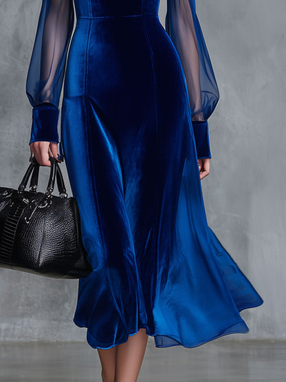 Fashion Retro Party Royal Blue Velvet Mesh Long Sleeve Midi Dress