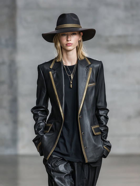 Casual Loose Black Faux Leather Gold-trimmed Lapel Blazer
