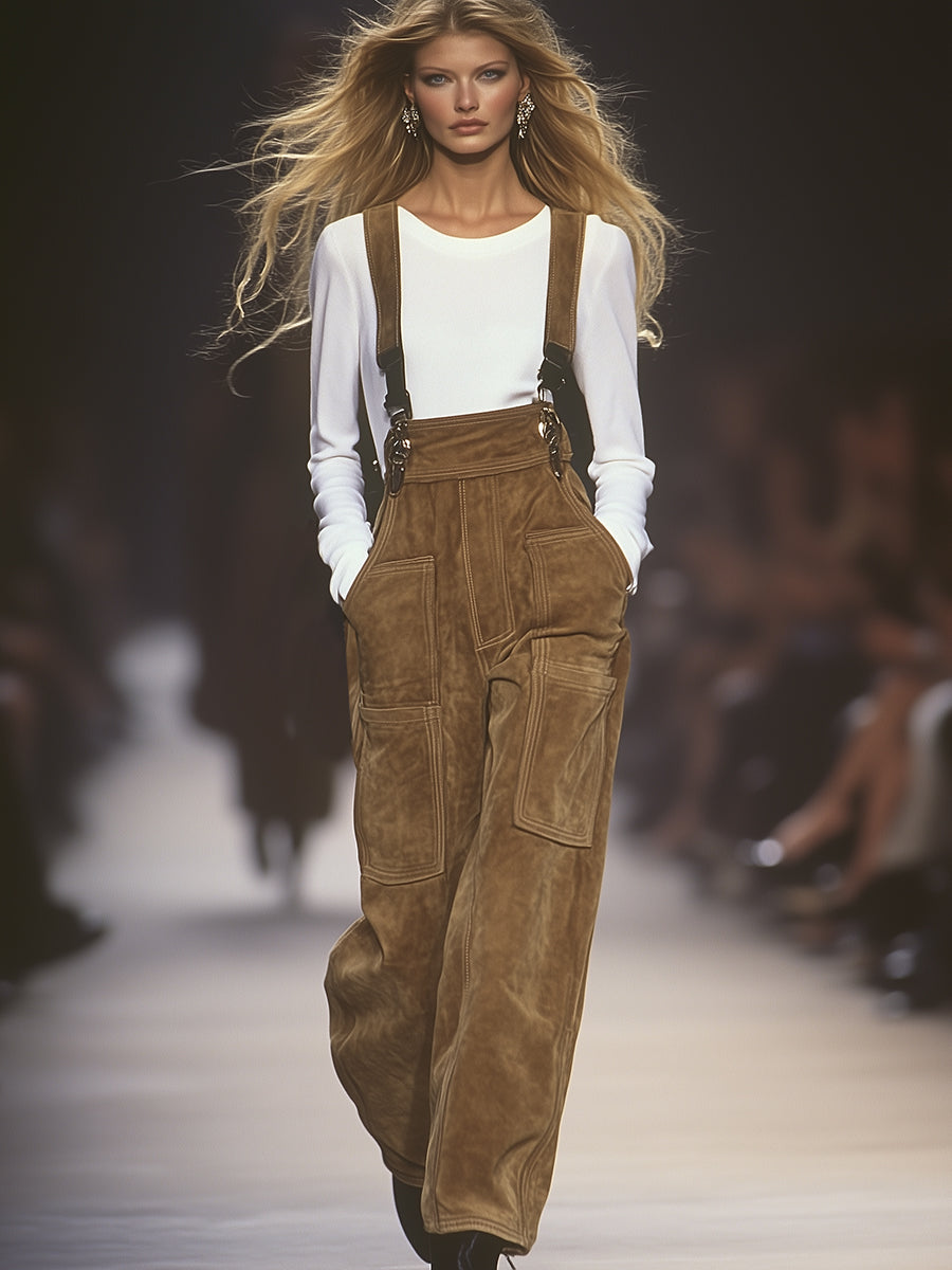 Western-Style Casual Brown Faux Suede Multi-Pocket Overalls