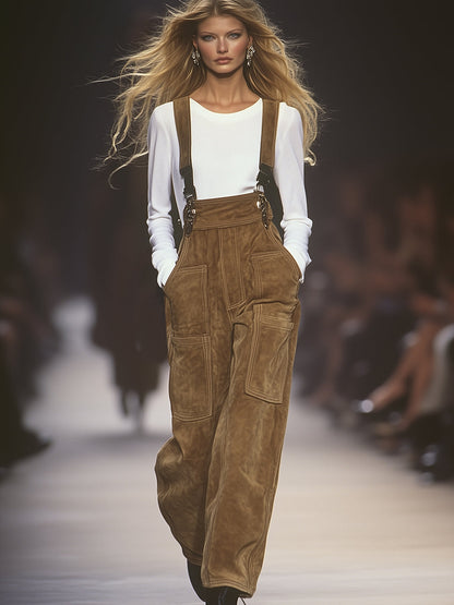 Western-Style Casual Brown Faux Suede Multi-Pocket Overalls