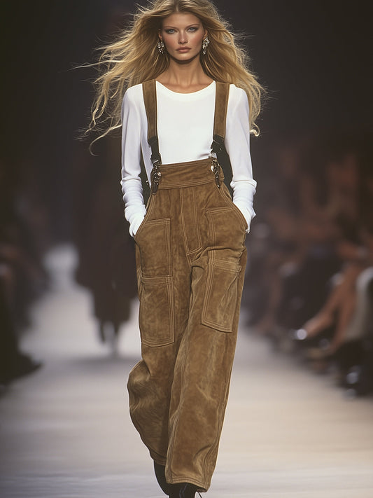 Western-Style Casual Brown Faux Suede Multi-Pocket Overalls