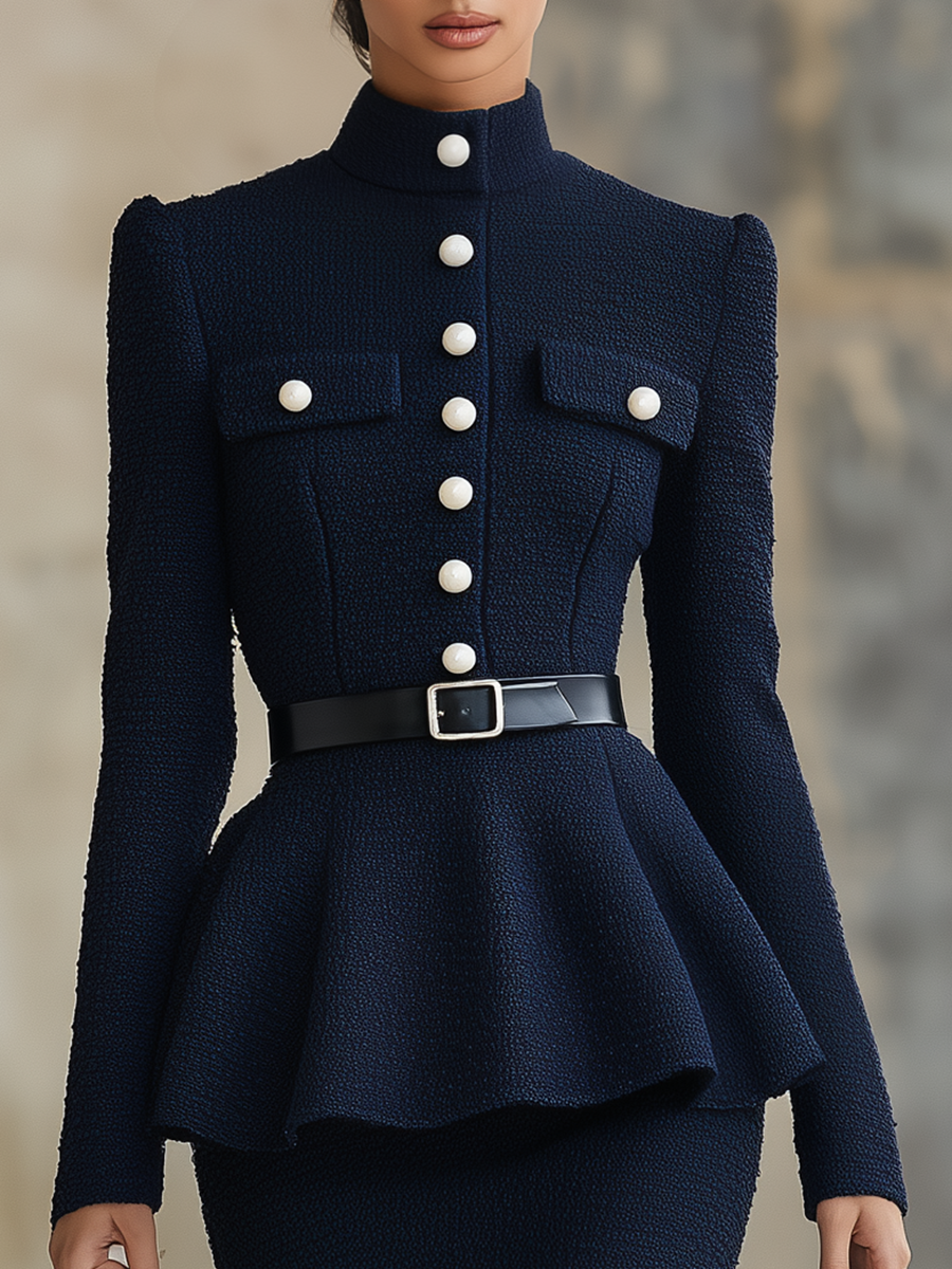 Elegant Vintage Stand Collar Knit Button Knit Top And Skirt Set