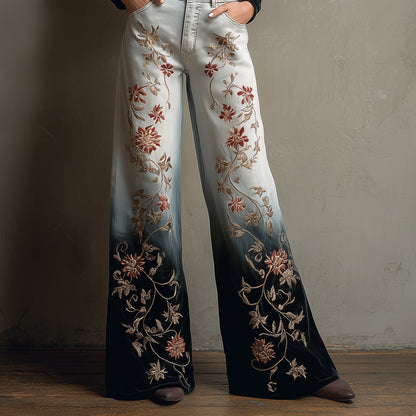 Ursime Floral Leaf Denim-Like Print Ombre Wide Leg Pants