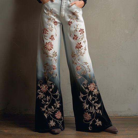 Ursime Floral Leaf Denim-Like Print Ombre Wide Leg Pants