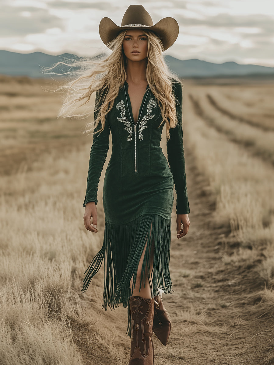 Retro Casual Embroidered Dark Green Long-sleeved Tassel Midi Dress