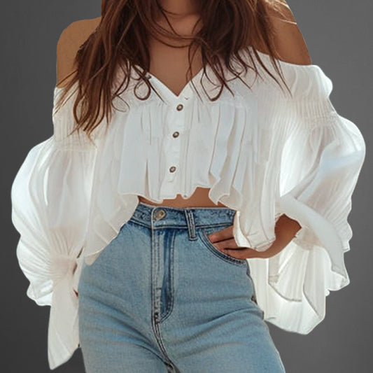 Everyday Button Off-Shoulder Lantern Sleeve Loose Blouse