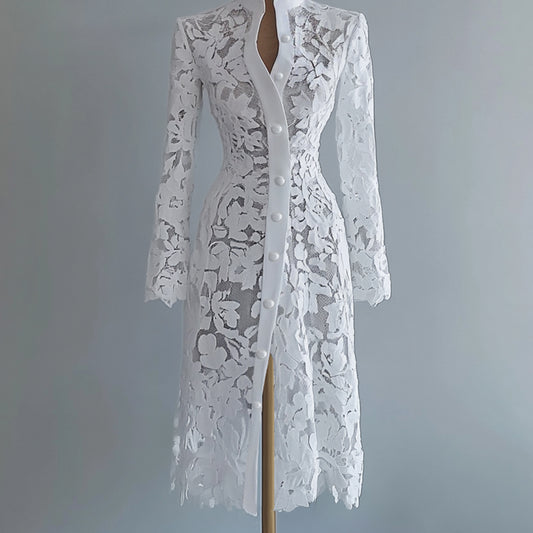 Ursime Lace Stand Collar Button Long Sleeve Coat Midi Dress