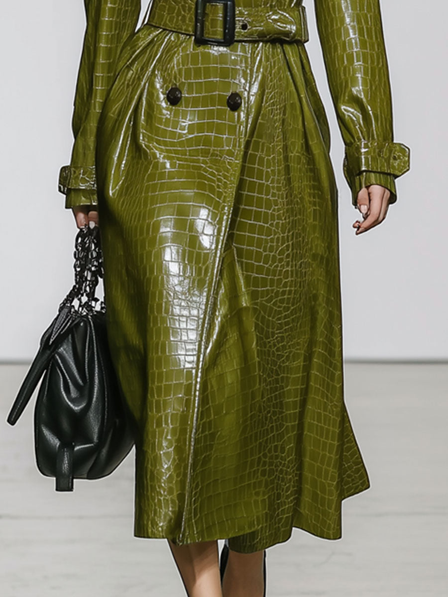 Vintage Faux Leather Crocodile Pattern Moss Green Lace-Up Trench Coat