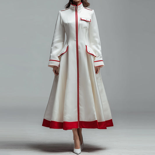 Ursime Contrast Binding Flap Pocket Long Sleeve Coat Midi Dress