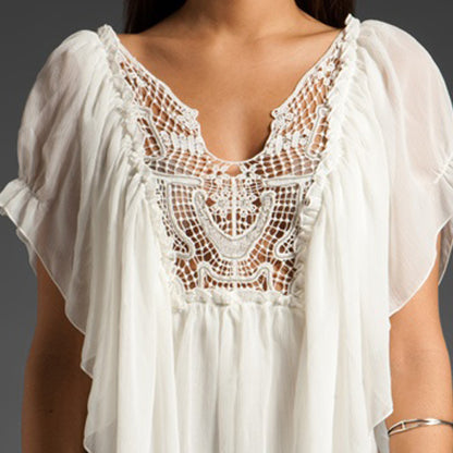 Casual Crochet Hollow Out V Neck Ruffle Sleeve Blouse