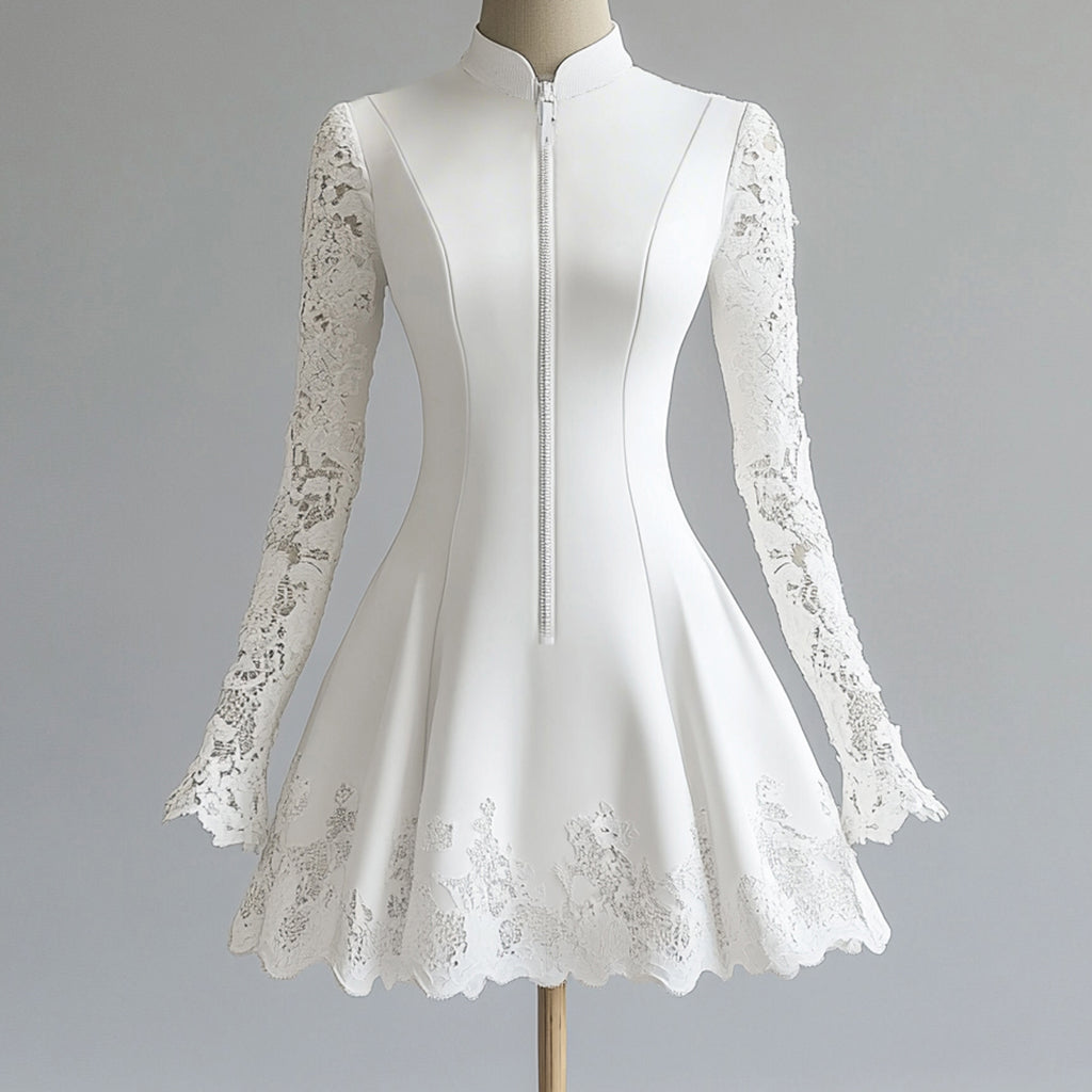 Ursime Stand Collar Lace Patchwork Long Sleeve Zipper Mini Dress