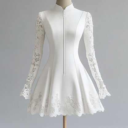 Ursime Stand Collar Lace Patchwork Long Sleeve Zipper Mini Dress