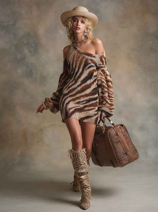 Casual Personality Off-the-shoulder Tiger-print Knitted Loose Long-sleeved Mini Dress