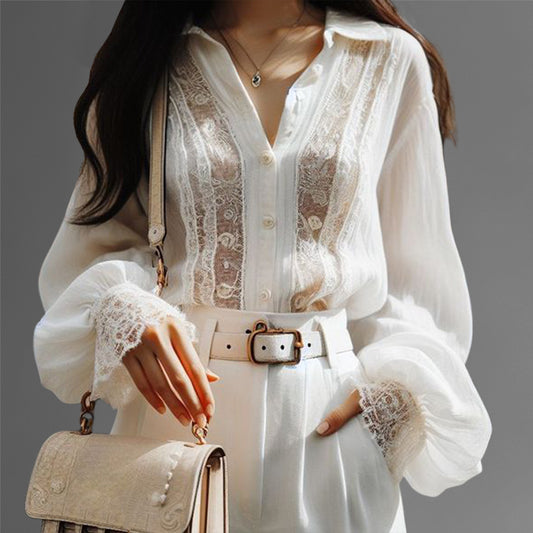 Elegant Hollow Lace Patchwork Lantern Sleeve Button Blouse