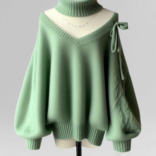 Casual Detachable Scarf Off Shoulder Puff Sleeve Loose Knitted Sweater