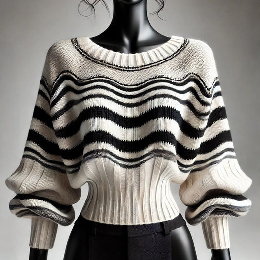 Casual Striped Crew Neck Puff Sleeves Knitted Cropped Sweater