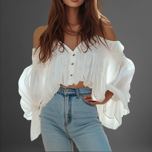 Everyday Button Off-Shoulder Lantern Sleeve Loose Blouse