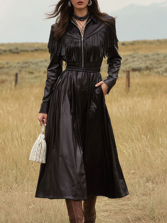 Black Faux Leather Tassel A-line Midi Dress