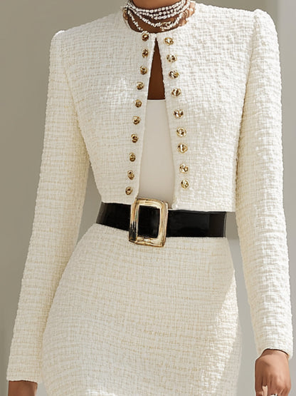 White Tweed Short Jacket And Pencil Skirt Set