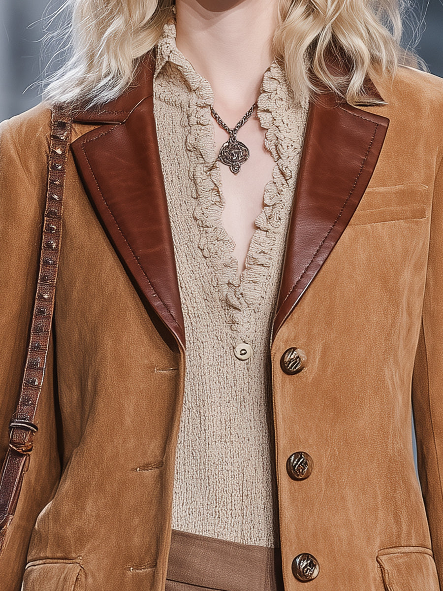 Vintage Western Style Brown Leather Collar Faux Suede Blazer