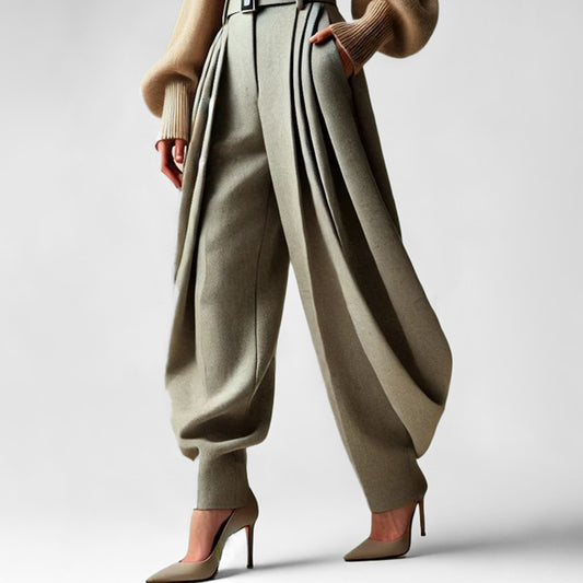 Fashion High Waist Belted Pleated Slant Pocket Balloon Pants
