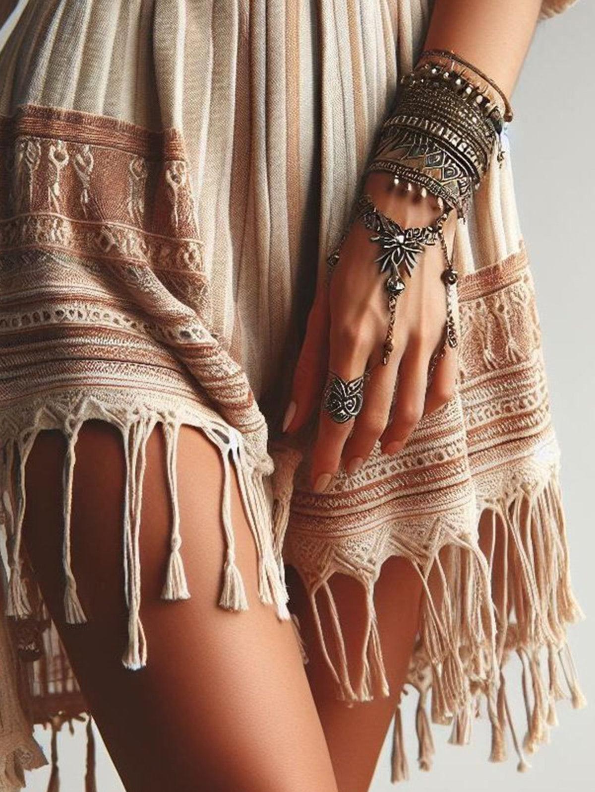 Ursime Boho Pattern Striped Fringe Loose Irregular Shorts