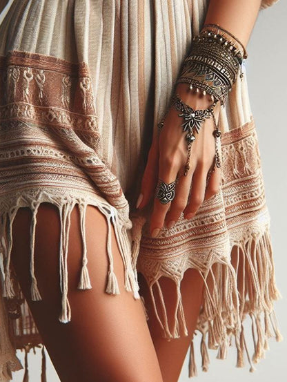 Ursime Boho Pattern Striped Fringe Loose Irregular Shorts