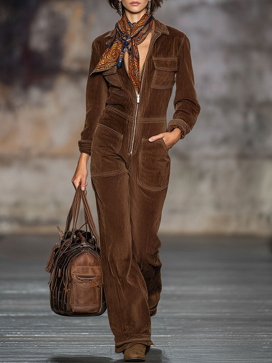 Western Vintage Cocoa Brown Corduroy Long Sleeve Zipper Jumpsuit