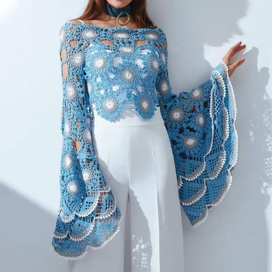 Boho Hollow Crochet Floral Off Shoulder Flare Sleeve Crop Blouse