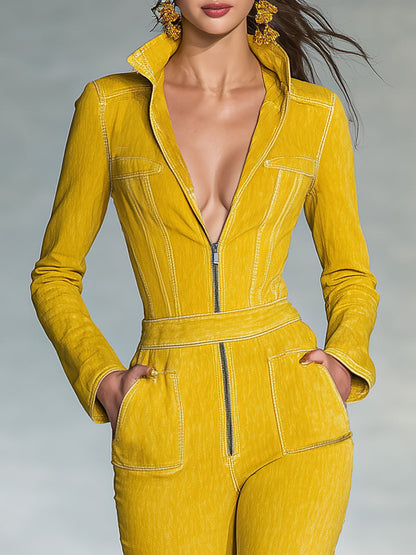 Fashionable And Elegant Zipper Yellow Long-sleeved Flared Jumpsuit
