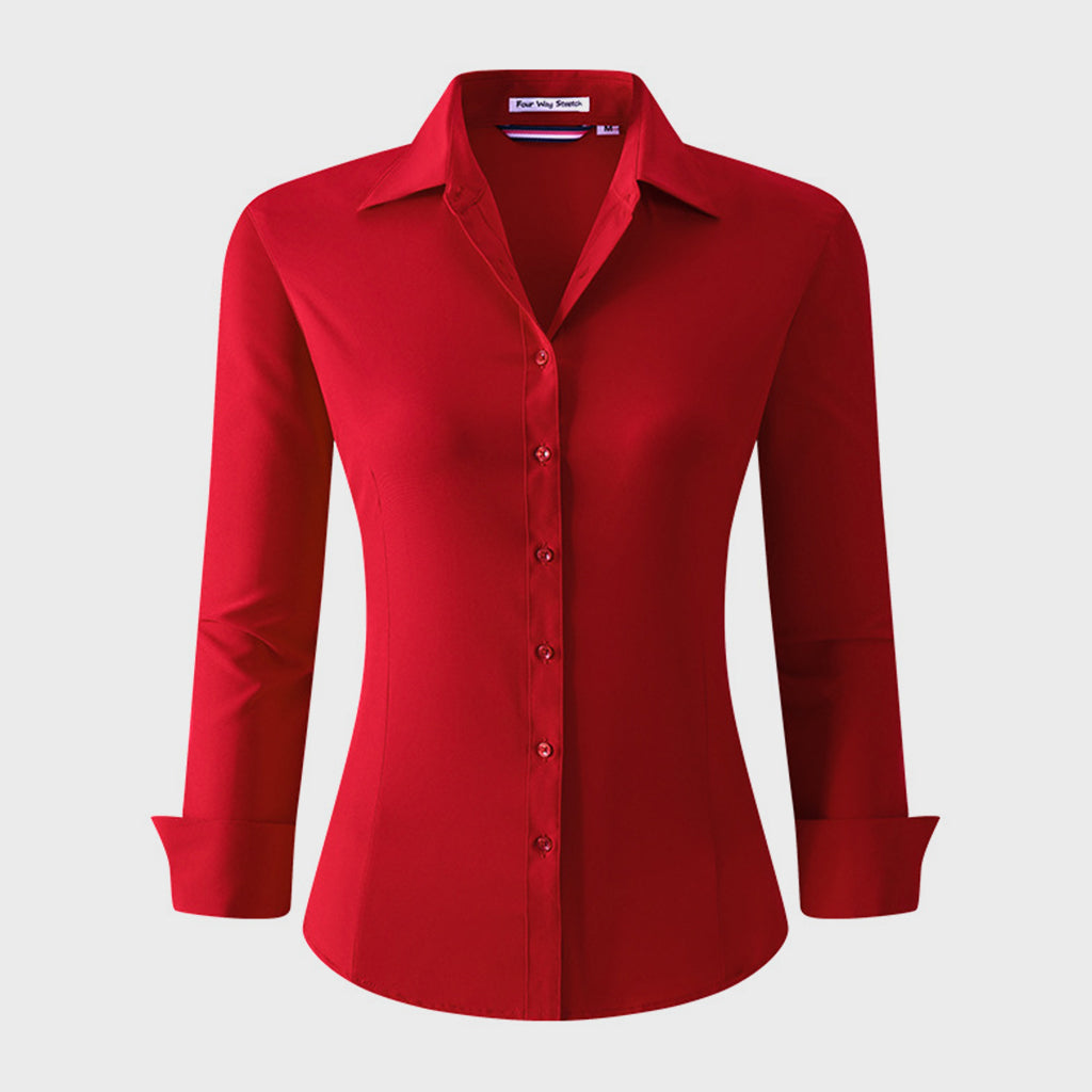 Formal Solid Turndown Collar Long Sleeve Button Up Blouse