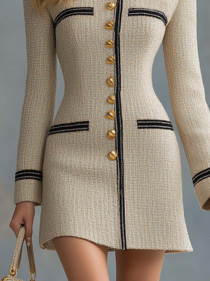 Elegant Vintage Front Button Black Piping Beige Tweed Mini Dress