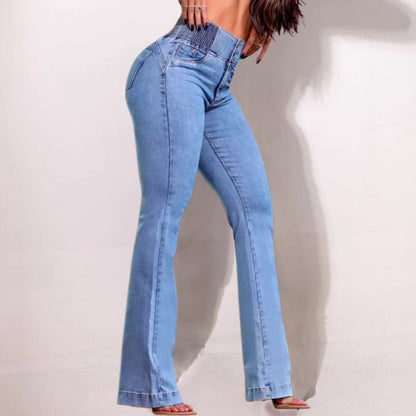 Casual Elastic High Waist Button Flare Leg Denim Jeans