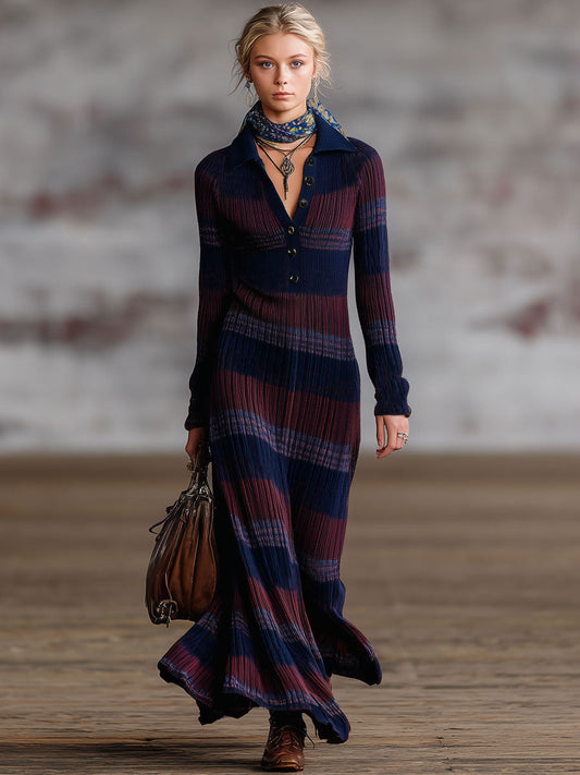 Vintage Navy Blue And Burgundy Knitted Striped Polo Long-Sleeved Maxi Dress