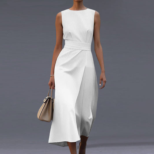 Formal Solid Round Neck Sleeveless Belt Midi Dress