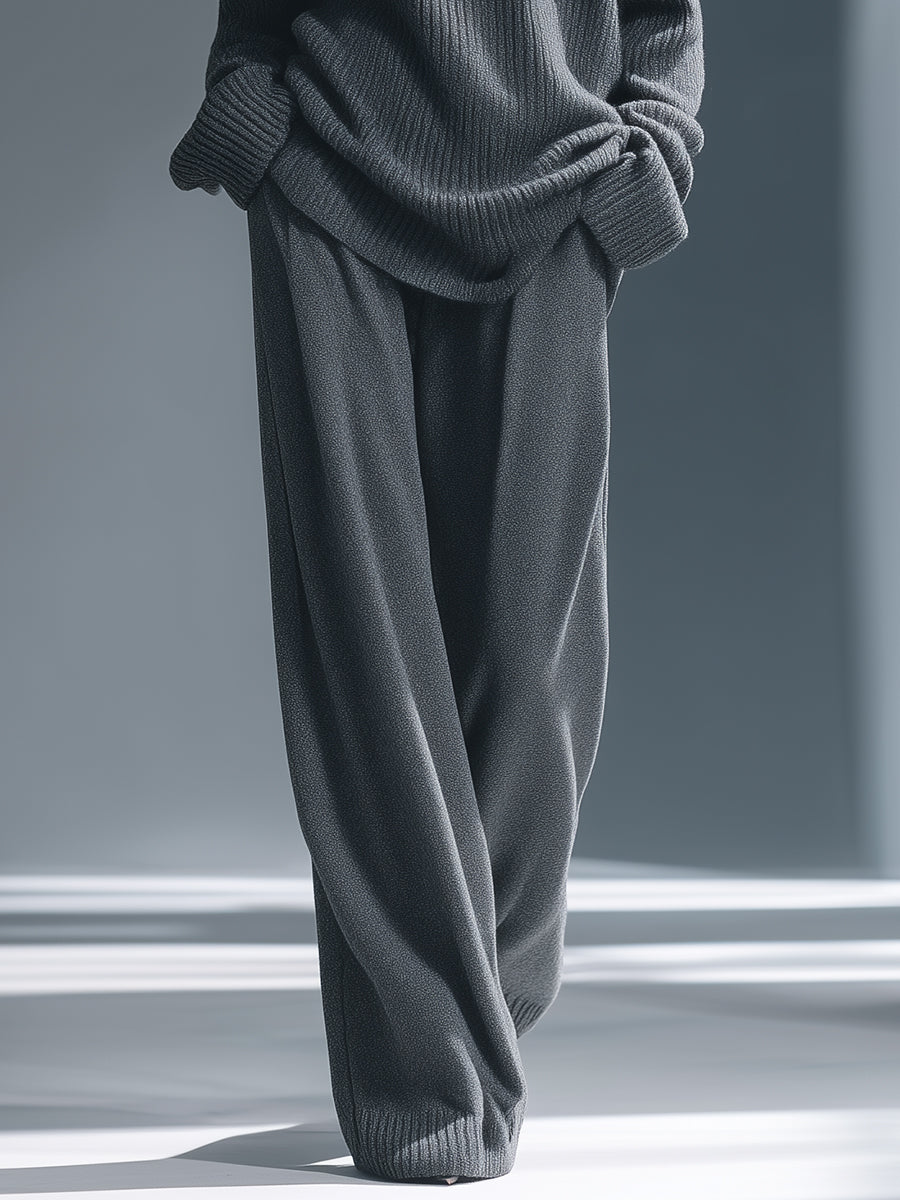 Old Money Style Off-the-shoulder Turtleneck Sweater Wide-leg Pants Dark Gray Knitted Set