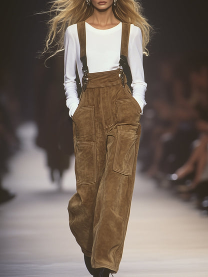 Western-Style Casual Brown Faux Suede Multi-Pocket Overalls