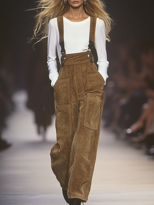 Western-Style Casual Brown Faux Suede Multi-Pocket Overalls